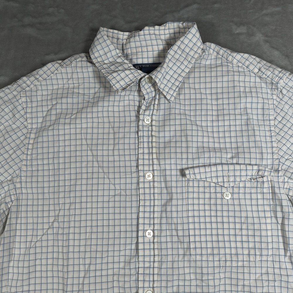 Polo Jeans Ralph Lauren Shirt Mens Large White Blue Check Button Up Short Sleeve